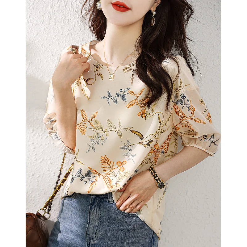 

Chiffon Shirt for Women Summer 2023 New In Floral Printed Casual Blouses Loose Short Lantern Sleeves Fashion Top O-Neck