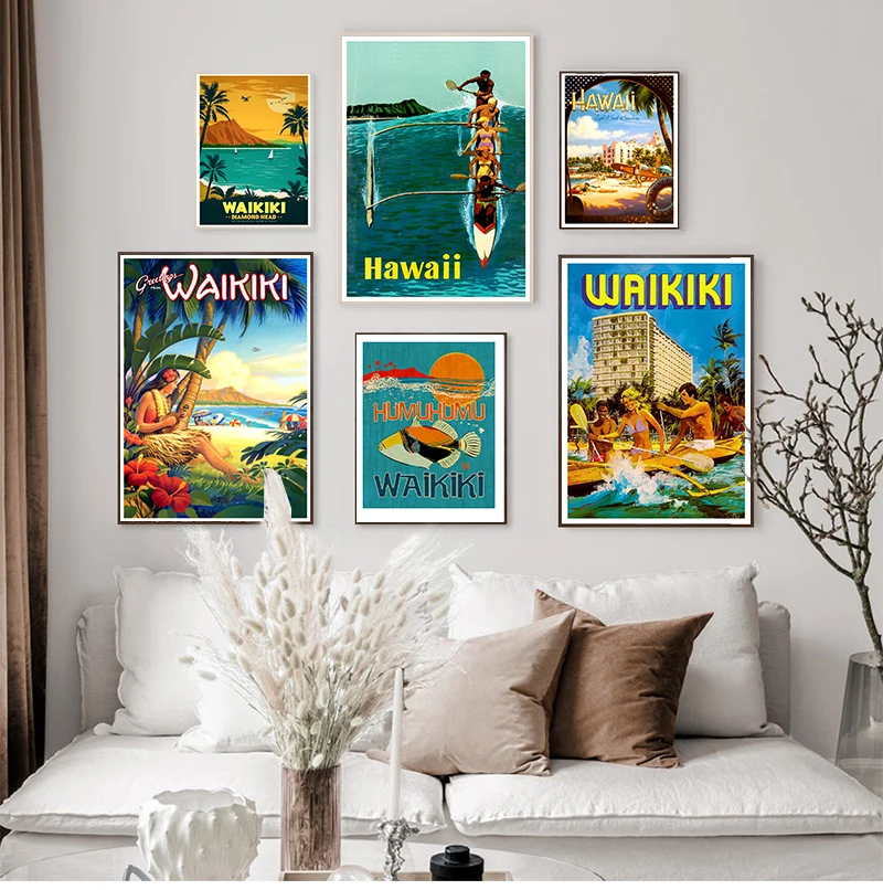

Summer Surfing at Waikiki Hawaii Travel Canvas Painting Vintage Wall Kraft Posters Coated Wall Stickers Home Decor Picture Gift