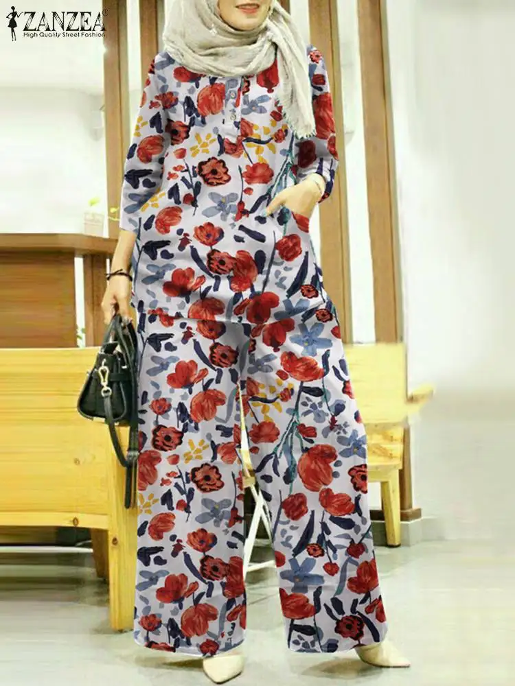 

ZANZEA Button Long Sleeve O-Neck Blouse And Wide Leg Pant Women Spring Floral Printed Muslim Suit Vintage Abaya Kaftan Set