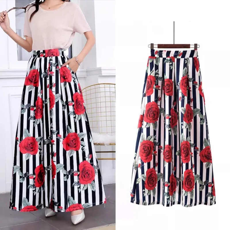 

2022 Summer Fashion Flower Print Pleated Maxi Skirts Women Casual Elastic High Waist Swing Long Skirt Female A-Line Party Skirts