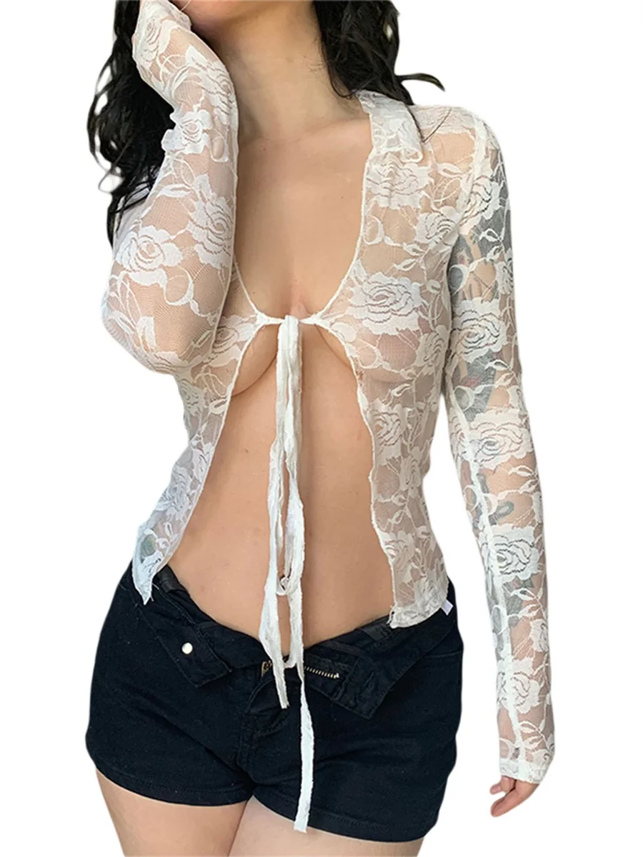 

Women Lace Cardigan Bolero Shrug Floral Print See Through Long Sleeve Open Front Blouse