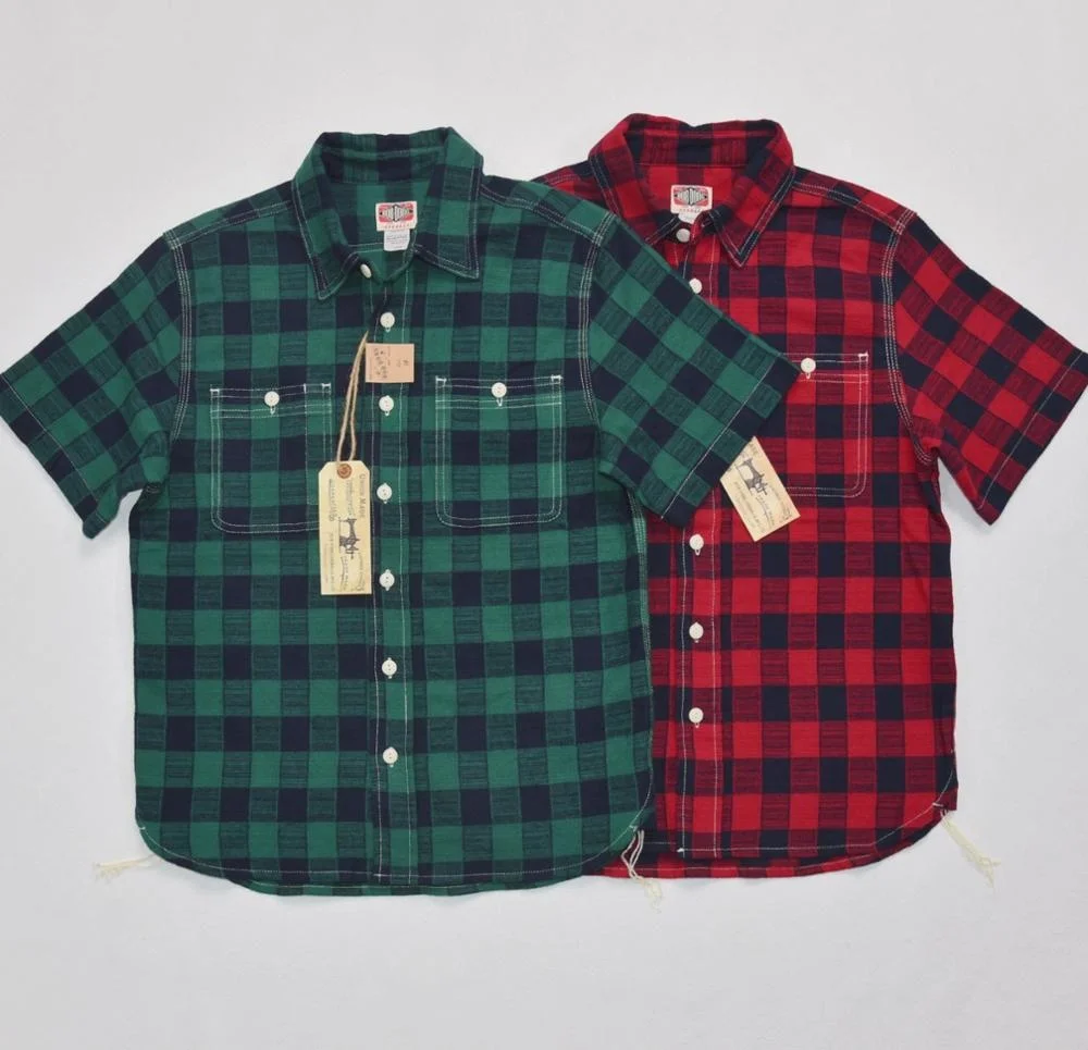 

BOB DONG Retro Brushed Plaid Short Sleeve Buffalo Check Work Shirts For Men Red/Green