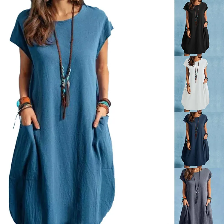 

2022 Spring/Summer Cotton Linen Loose Casual Solid Color Pocket Dress Women
