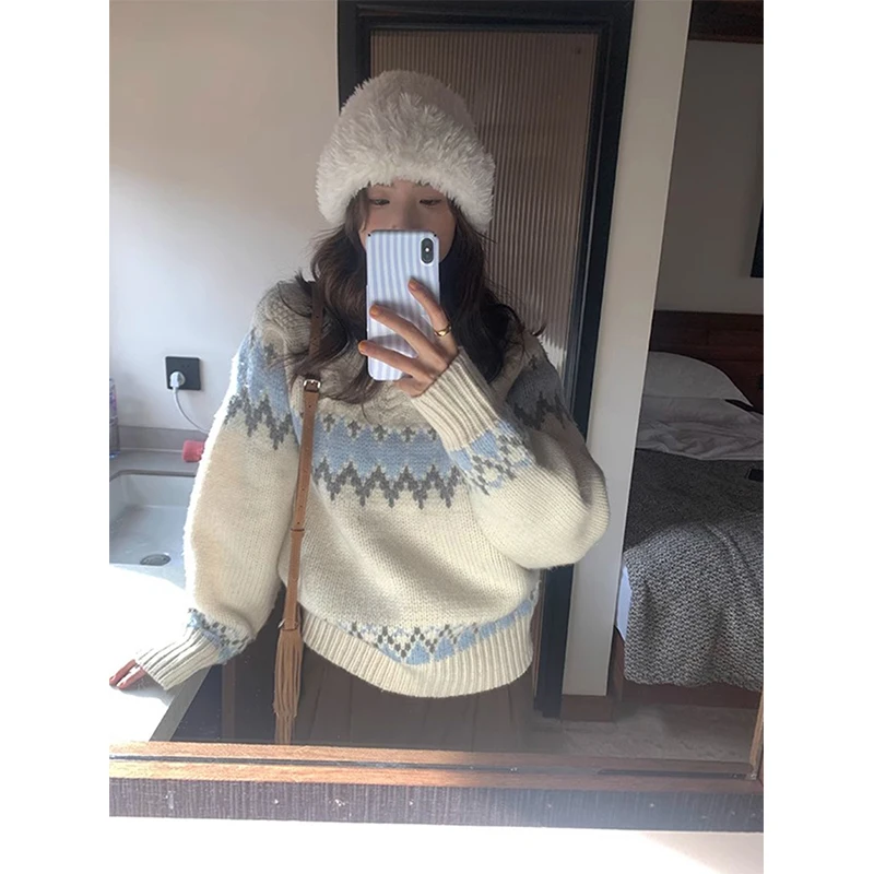 Женский винтажный свитер с принтом Зимние трикотажные пуловеры оверсайз в