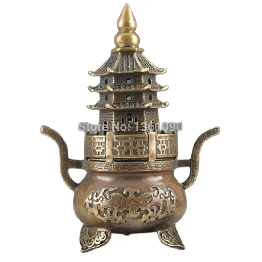 

15cm Brass Buddha Exorcism Handwork Old Hammered Pagoda Totem Incense Burner