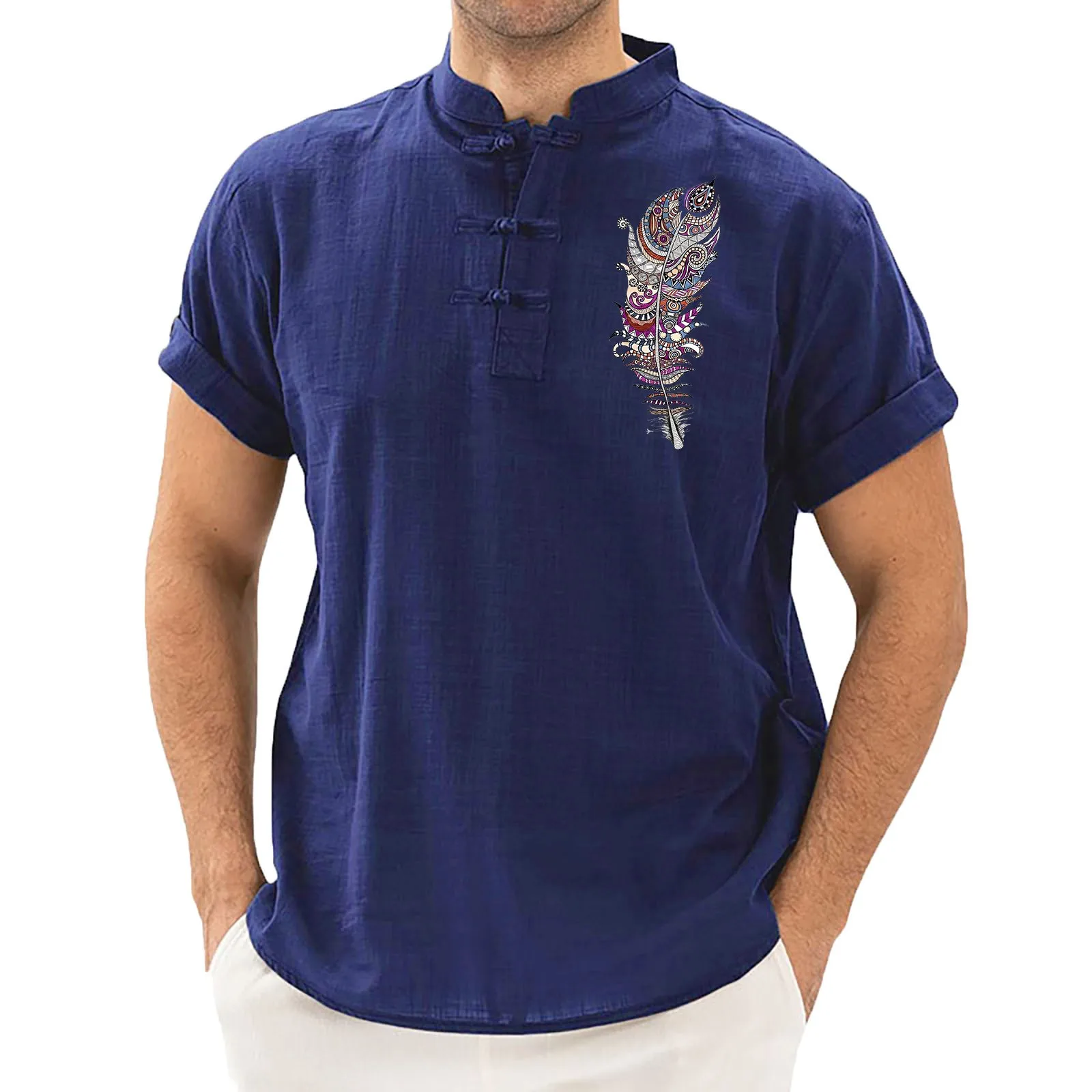 

Swim Tee Shirt Men Spring And Summer Solid Color Top Shirt Casual Cotton Linen Stand Collar Top Plus B Shirt Cat Pajamas Men