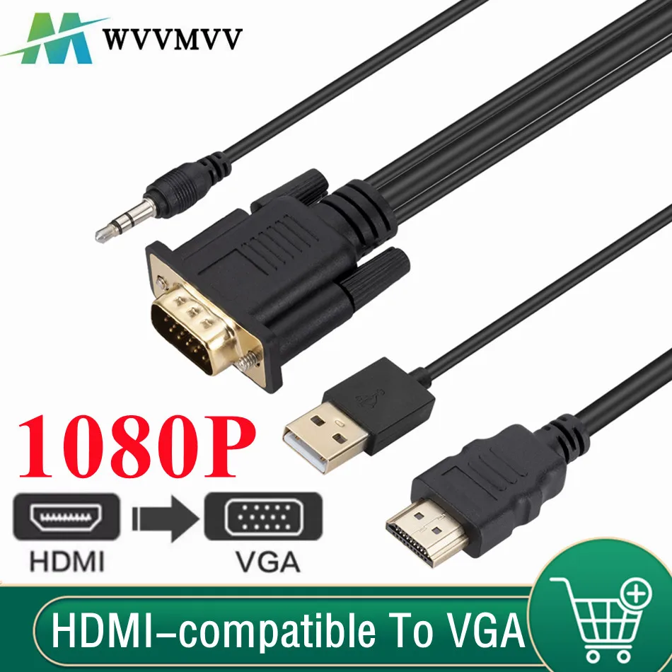 

WvvMvv 1.8m HDMI-compatible To VGA Cable Converter With Audio Power Supply 1080P HDMI Male To VGA Male For PC TV Box Projector