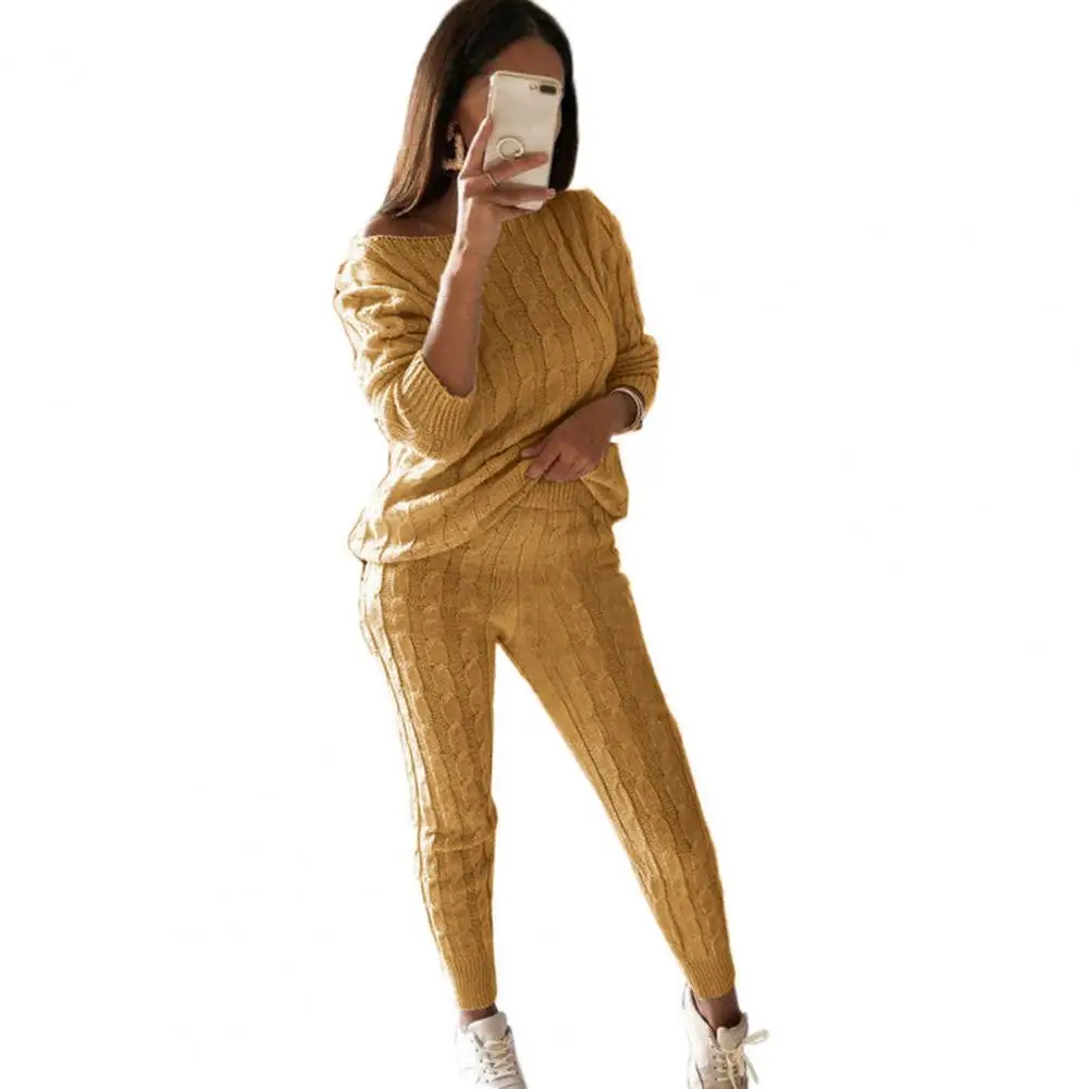 

Stylish Ribbed Trim Thick Winter Knitted Crew Neck Pullover Sweater Slim Pants Suit Stretchy Sweater Pants Set for Outdoor