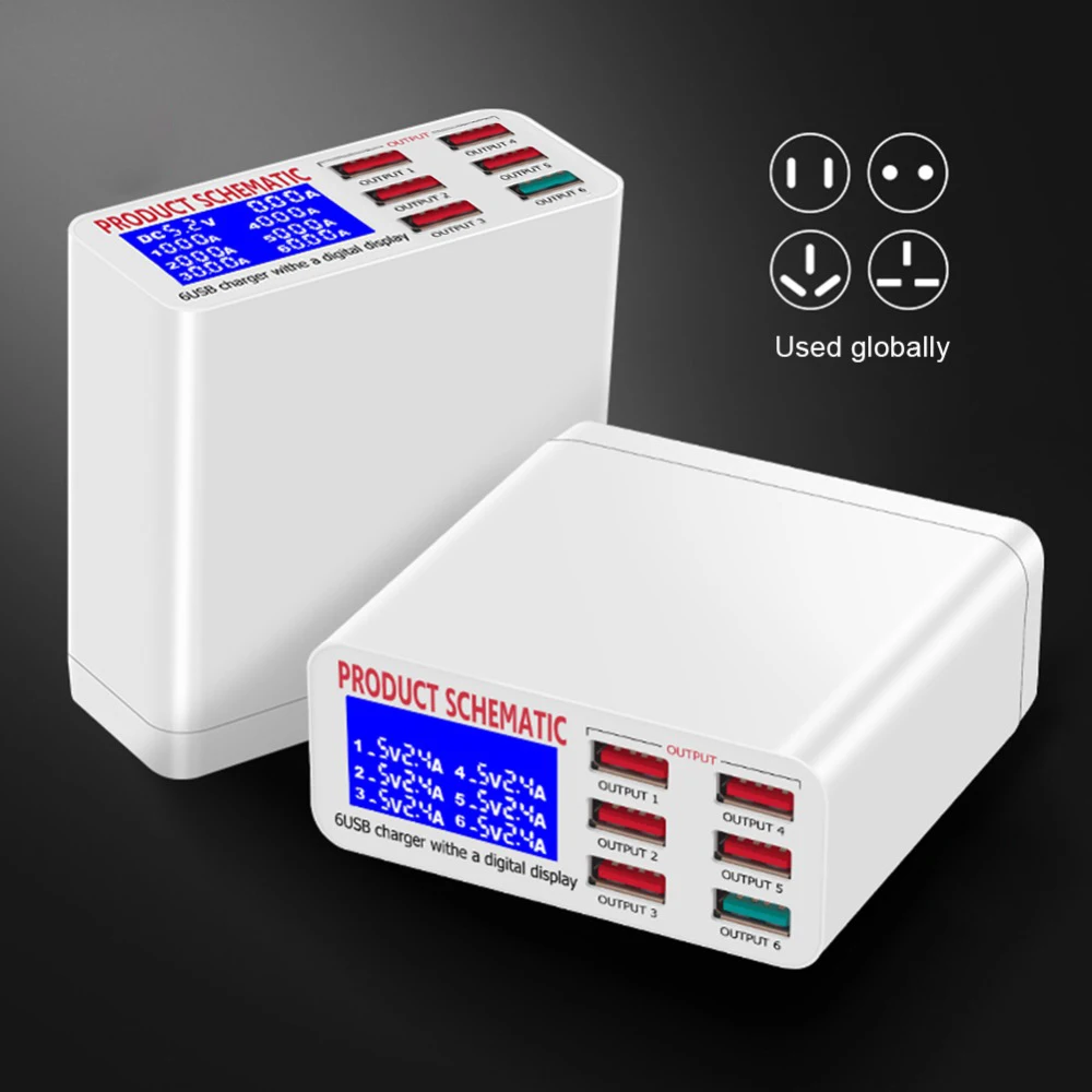 

LCD Digital Display 6 Ports Desktop Mobile Phone Charger 8A USB Charger Smart Fast Charging for Smart Phones Tablet PC