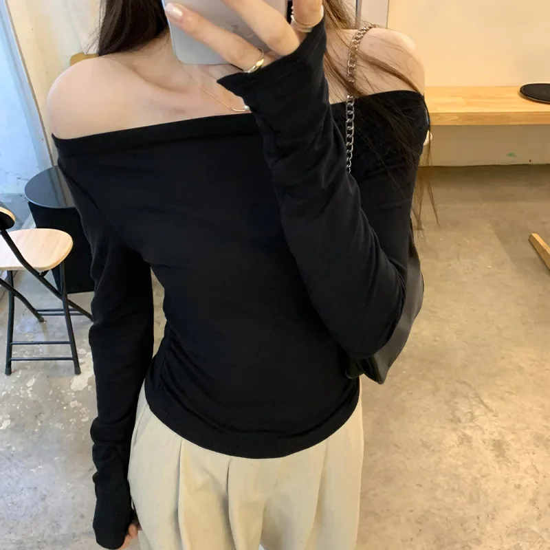 Женская футболка с длинным рукавом открытыми плечами утягивающий короткий топ