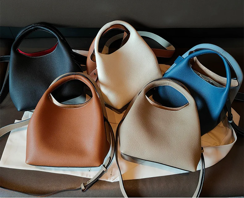 Genuine leather vegetable basket bag single shoulder spell color bucket bag versatile handheld crossbody temperament female bag