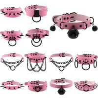 punk pink leather choker necklace sexy black metal spiked neck strap clavicle collar necklaces cosplay women gothic jeweley gift