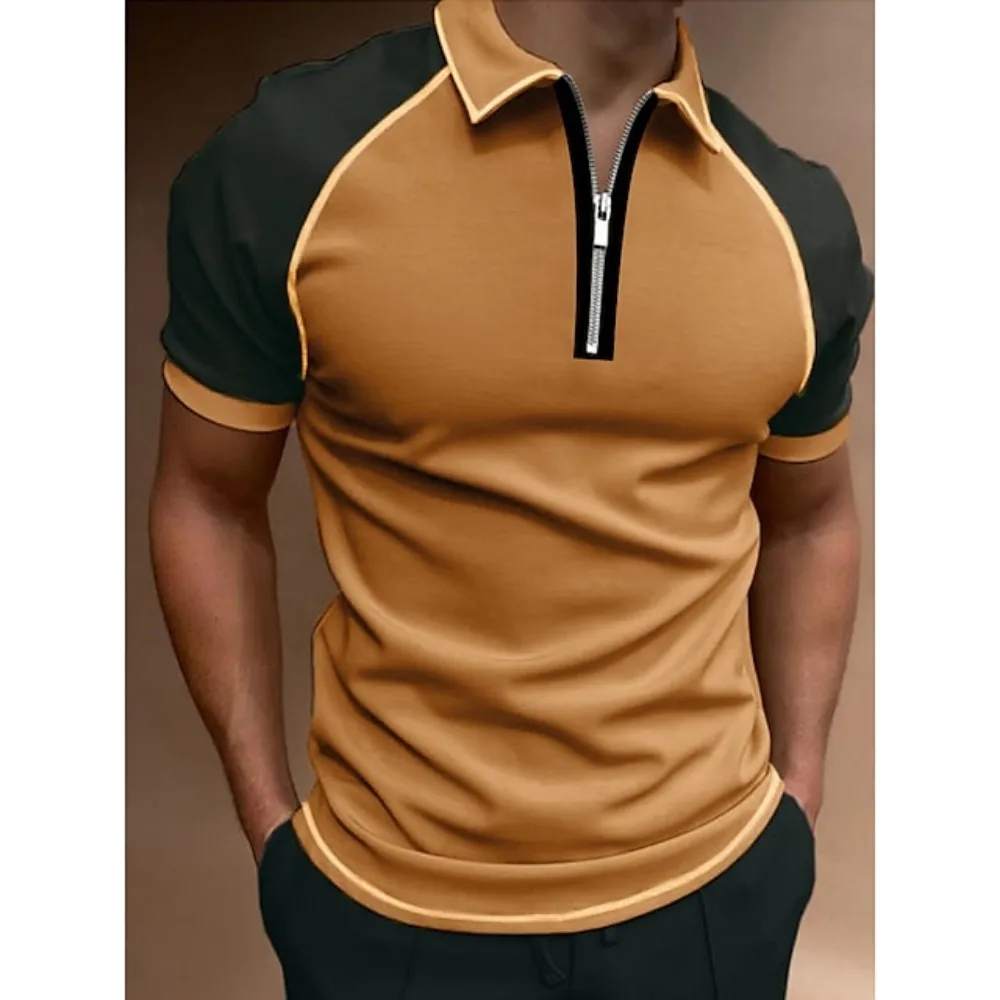 

Summer Short Sleeve Patchwork Polo Shirt Men Casual Slim Lapel Zipper Cardigan Breathable Polo Shirt Mens Fashion Clothes