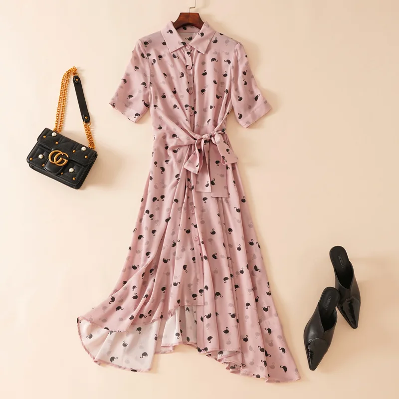 

2022 Summer Elegant Pure Silk Dress Mulberry Dresses for Women Fashion Printing Turn Down Collar Asymmetric Pink OL Dress MJ3697
