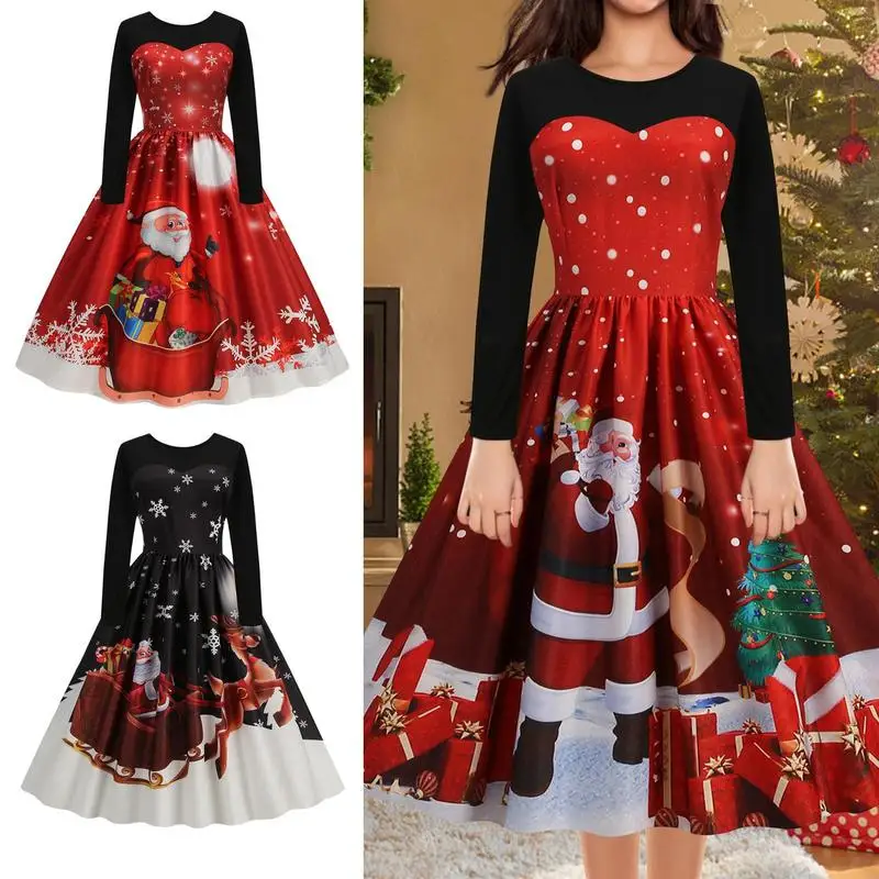 

Женское винтажное платье-трапеция с длинным рукавом и круглым вырезом