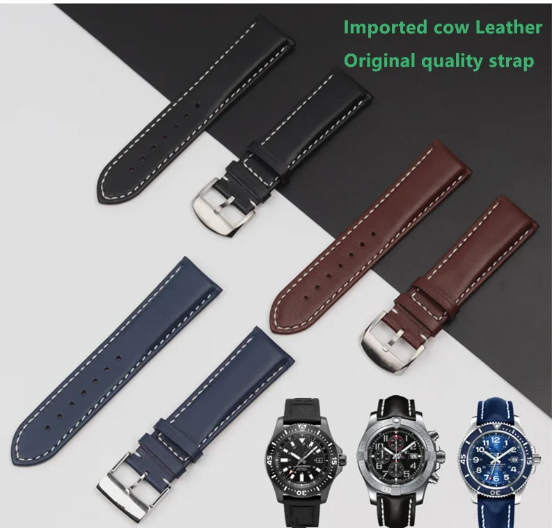 

Top quality 22mm 24mm Genuine Imported cow Leather Watch Band Watchband for Breitling strap Super Ocean Avenger/navitimer Buckle