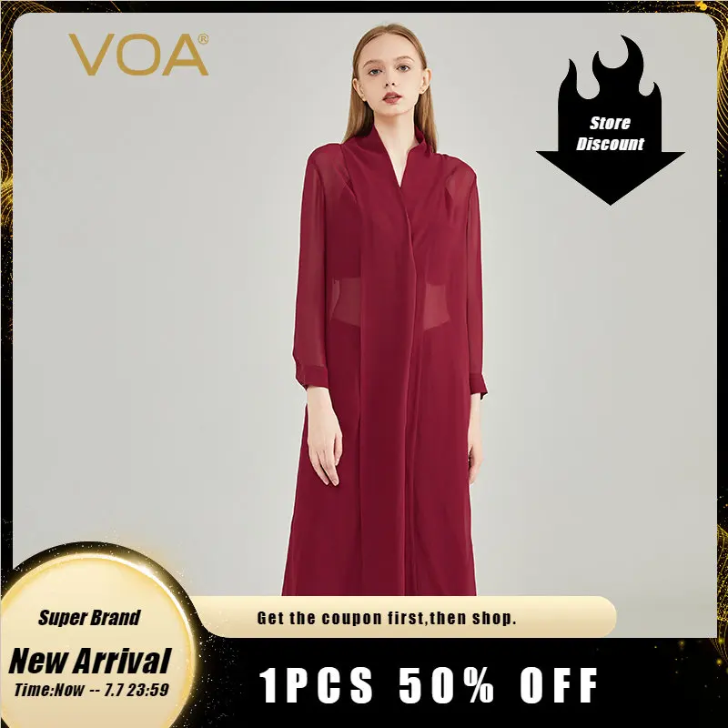 

Женское шелковое пальто VOA, синее, винно-красное асимметричное однобортное пальто-Тренч с длинным рукавом и разрезом по бокам WE8015