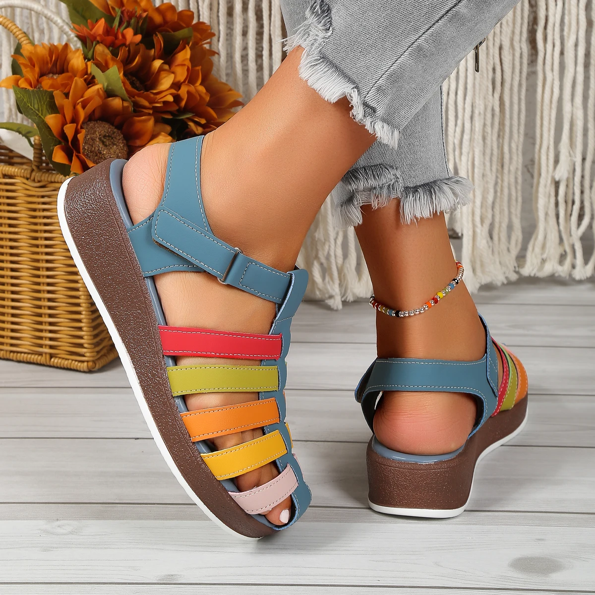 Colorful Strappy Sandals Woman Retro Wedge Gladiator Sandalias Ladies Summer Casual Platform Beach Shoes In Brown Blue