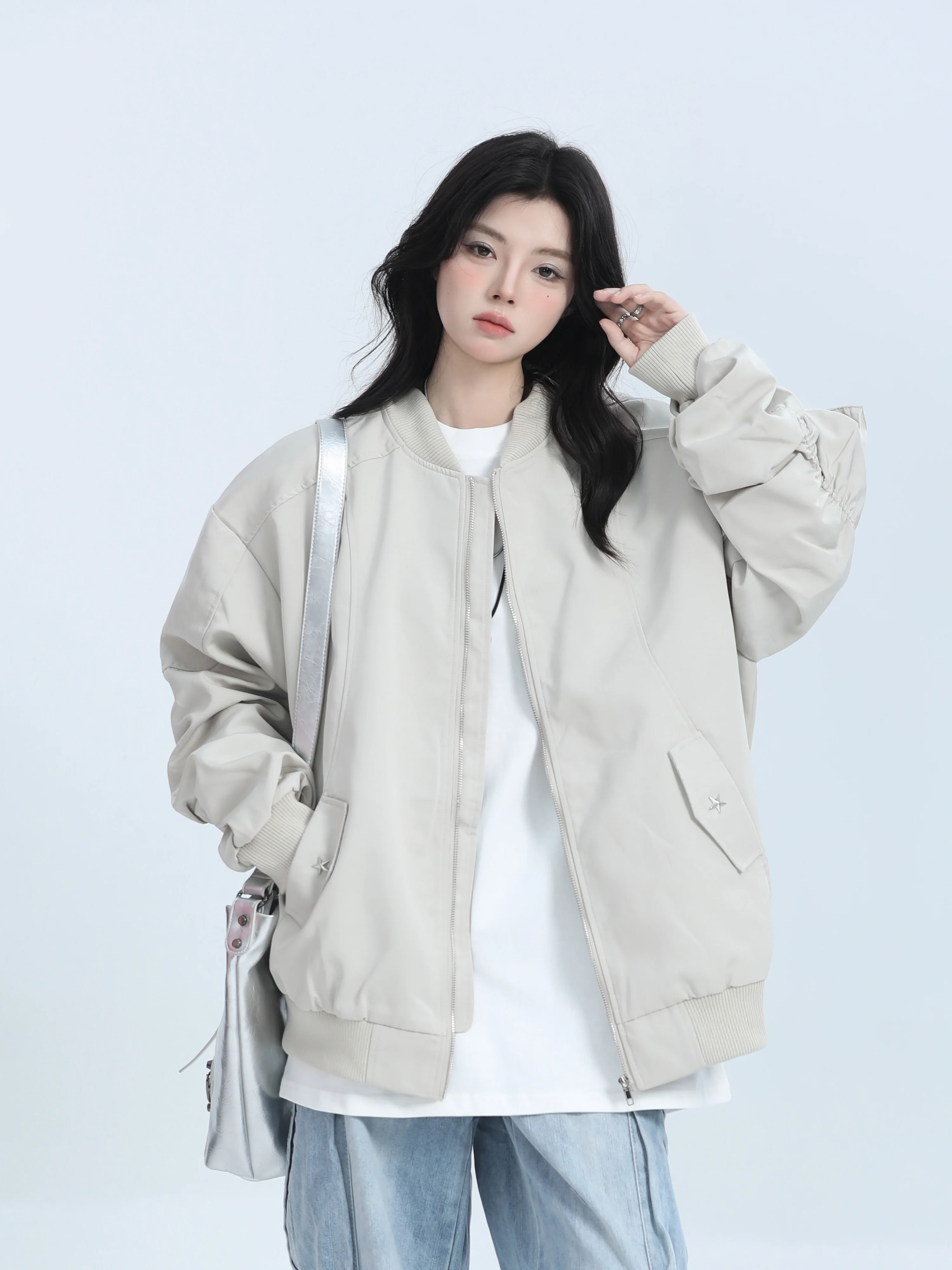 [Sitting in the Mountains] American vintage Street Baseball Uniform Jacket Women Neutral Sle Loose Zip-up Outerwear Tide