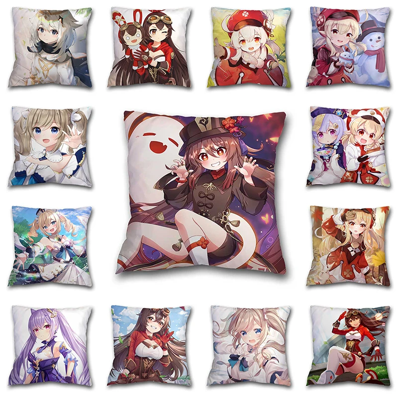 

45CM Anime Genshin Impact Printed Pillowcases Cartoon Klee Xiao Venti Hutao Pillow Cases Living Room Home Sofa Car Cushion Cover