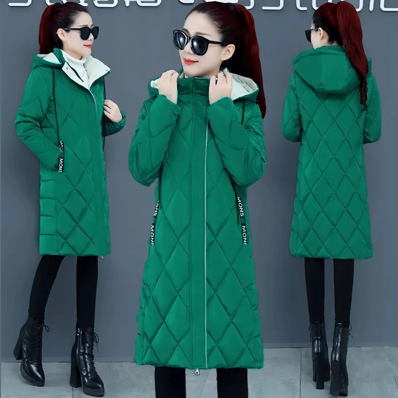 

Women's Winter Down Cotton Jacket Slim Diamond-Shaped Lattice Mid-Length Cotton-Padded Coats Hooded Warm Zipper Tops Woman Parka