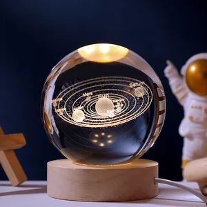 Crystal Ball 6cm 3D Laser Carved Luminous Glass Ornaments Solar System Moon with Luminous Wood Base
