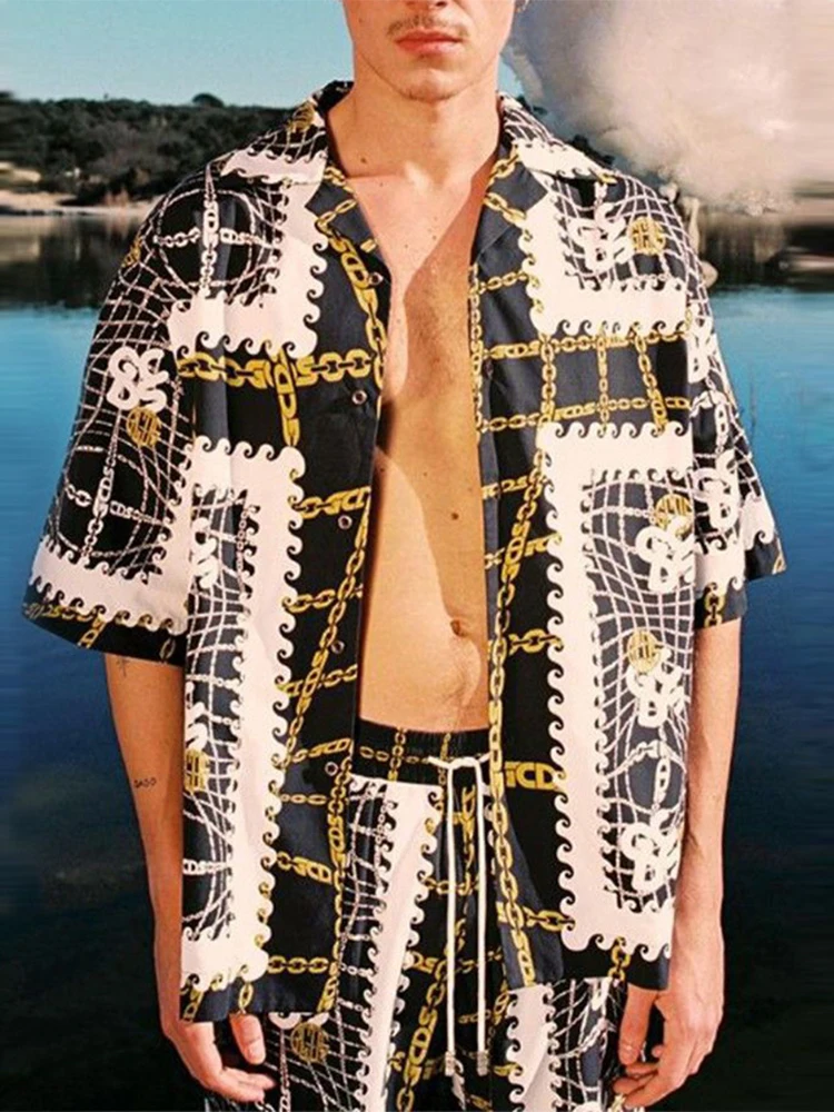 

Mens Summer Outfits Men Casual Button Lapel Shirts And Drawstring Shorts Beachwear Suits Vintage Pattern Printed Two Piece Sets