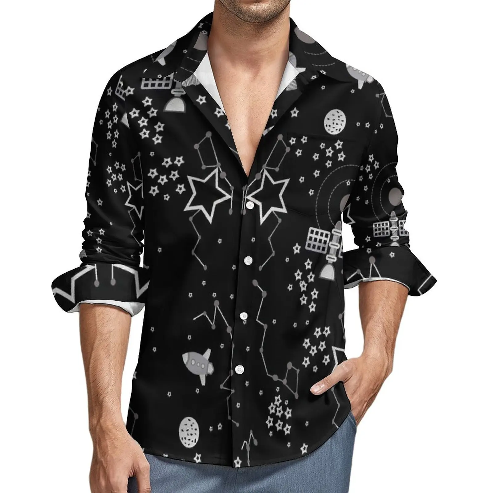 

Star Casual Shirts Man Outer Space With Stars Spaceship Slanet Shirt Long Sleeve Vintage Funny Blouses Spring Custom Clothes 4XL