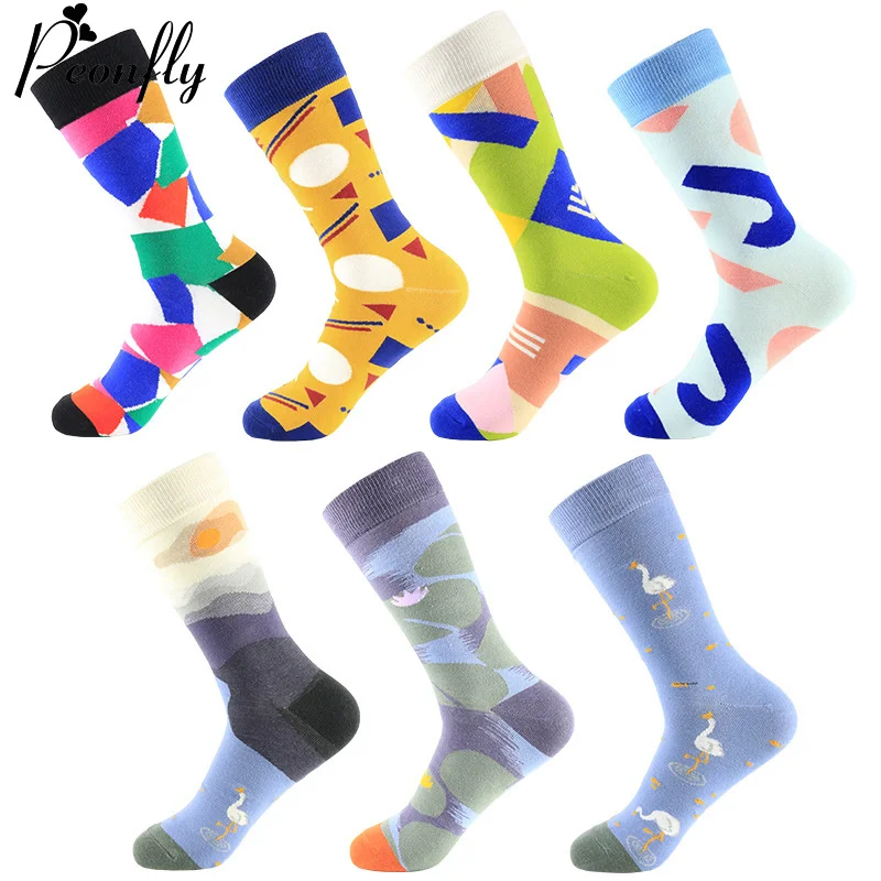 

Peonfly Pair 1 Combed Cotton Colorful Geometric Setting Sun Pattern Novelty Funny Casual Happy Socks Men