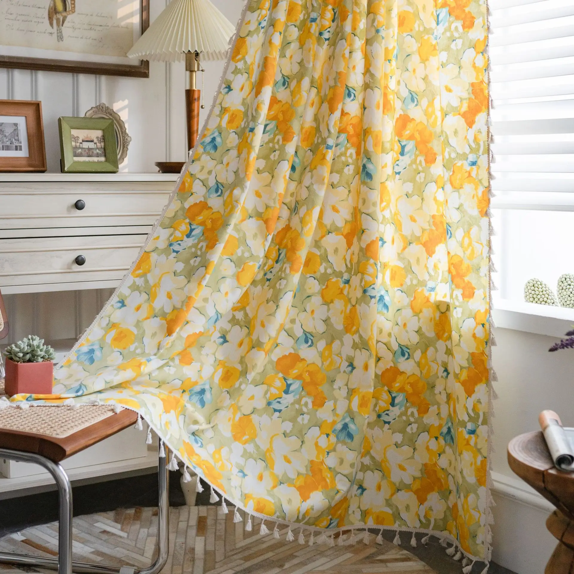 

Curtains Linen Farmhouse Bedroom Light Filtering Window Curtain Yellow Floral Blackout Panels Thermal Insulated Grommet Dusty