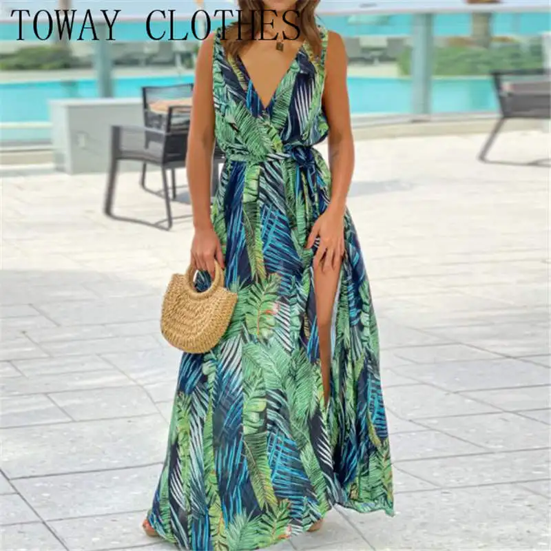 

Summer Dress For Women 2022 Green V-Neck Sleeveless Floral Print Long Beach Dress Vestidos Elegantes Para Mujer