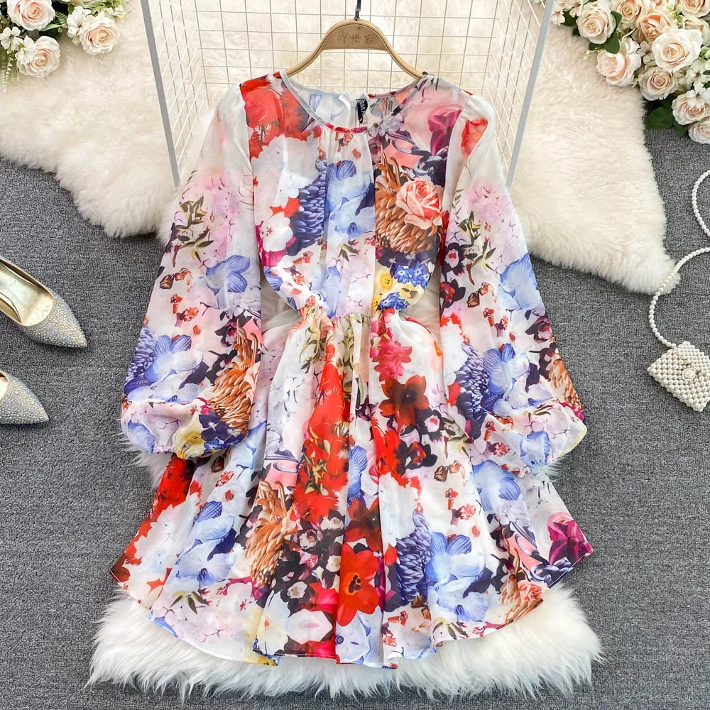 

YIZZHOY Spring Autumn New Women O-neck Bubble Sleeve High Waist Slim Dress Female Fashion Casual Printed Chiffon A-Line Dresses