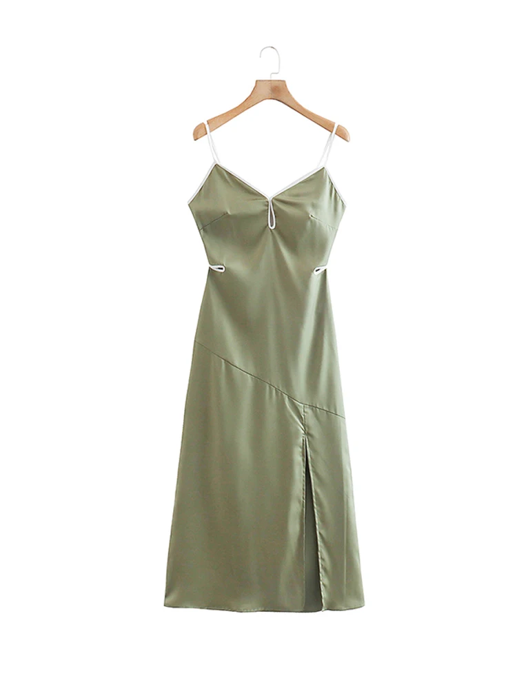 

Summer Army Green Backless Midi Dress Women Sleeveless Spaghetti Strap Slim Elegant Dresses 2022 robes de soiree