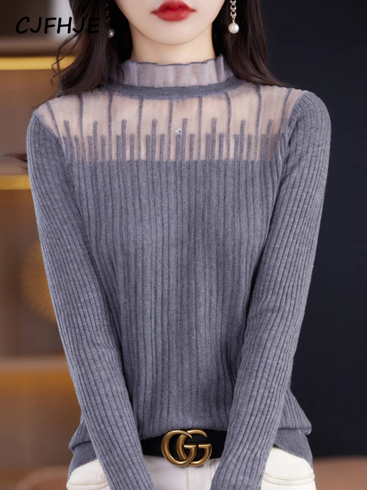 

CJFHJE Beige Chic Lace Pullovers Women Casual White Knitting Sweater Female Spring Autumn Long Sleeve Gray Elegant Lady Pullover