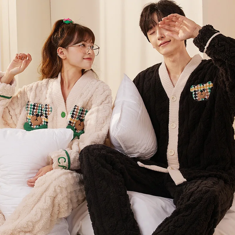 2022 new couples pajamas winter flannel and fleece thickened couples pajamas set fashion cardigan coral fleece home wear set