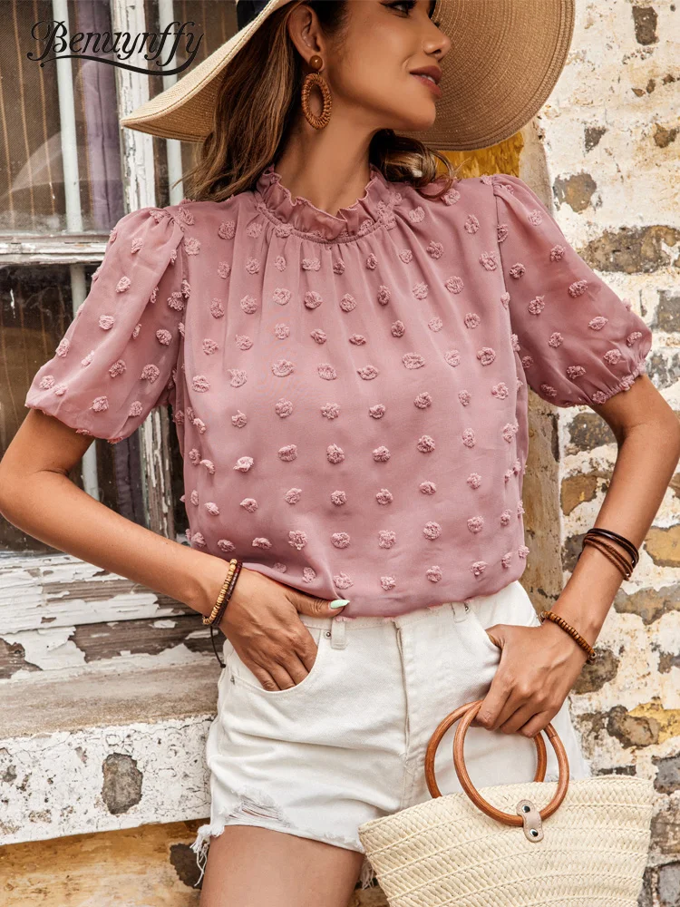 

Benuynffy Swiss Dot Frill Neck Puff Sleeve Chiffon Blouse Women Summer Holiday Casual Loose Keyhole Ladies Tops Blouses 2022