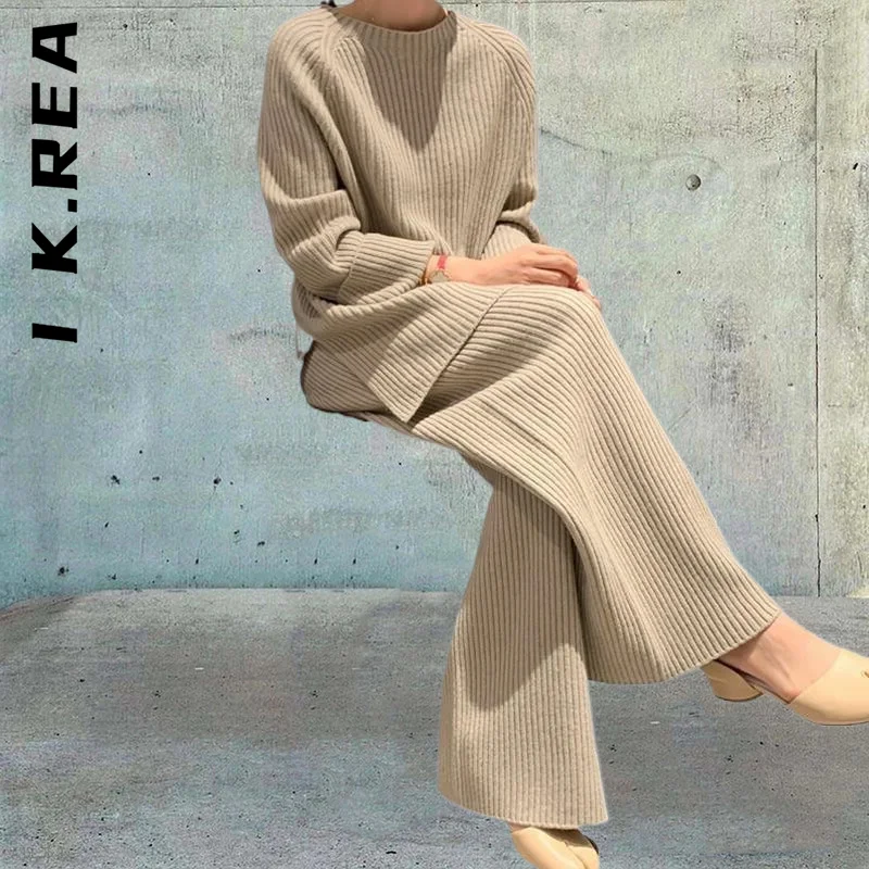 

I K.Rea Women Set New O-Neck Split Sweater and Wide Leg Jogging Pants Pullover 2 Piece Set Basic Loose Sweatsuits For Women