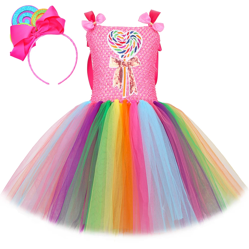 

Rainbow Candy Tutu Princess Dress for Girls Christmas Halloween Candyland Lollipop Costume Kids Holiday Birthday Party Clothes