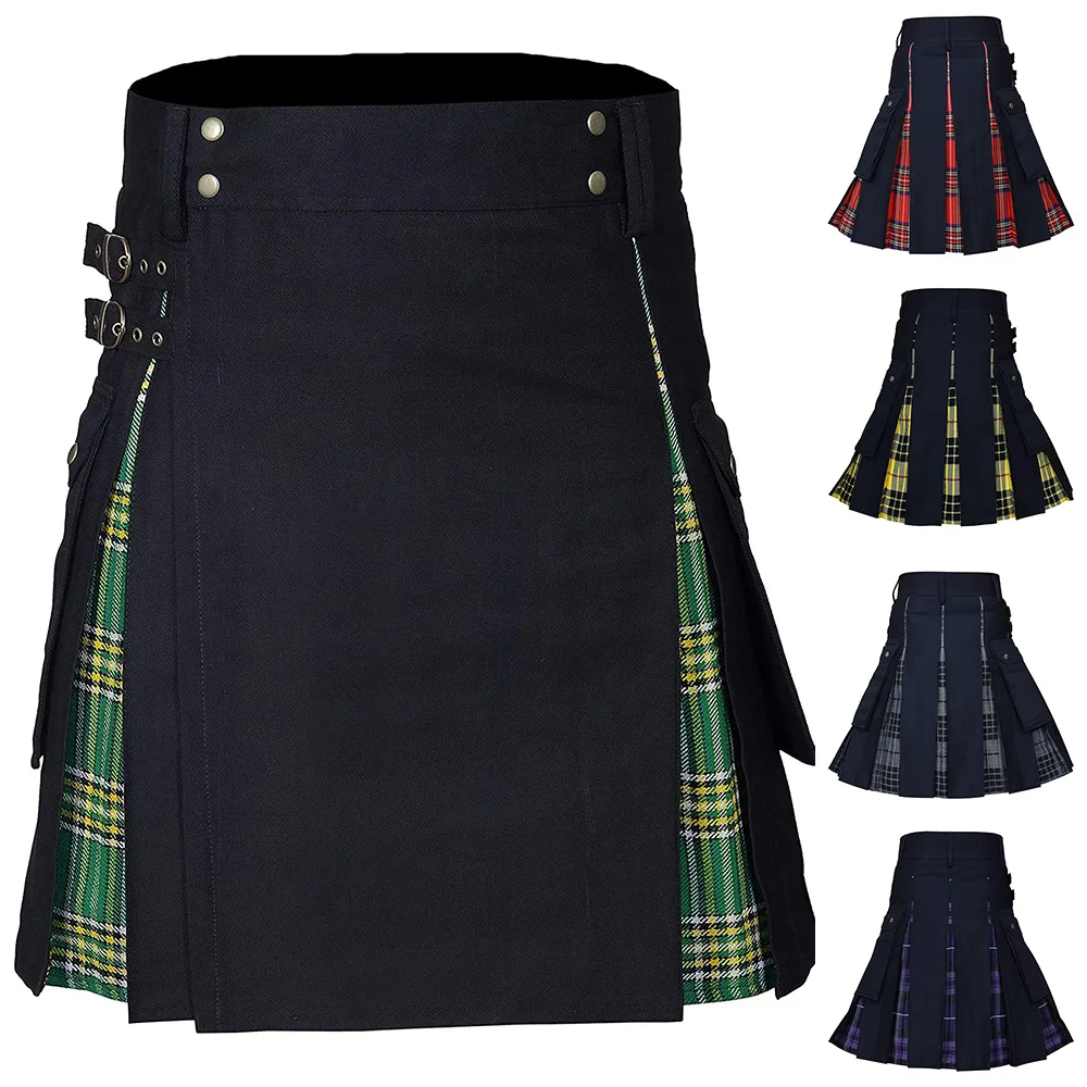 

Scottish Kilt For Men Black Denim Irish Tartan Modern Kilt Mens Scottish Traditional Highland Tartan Kilt Flax M-3XL 5 Colors