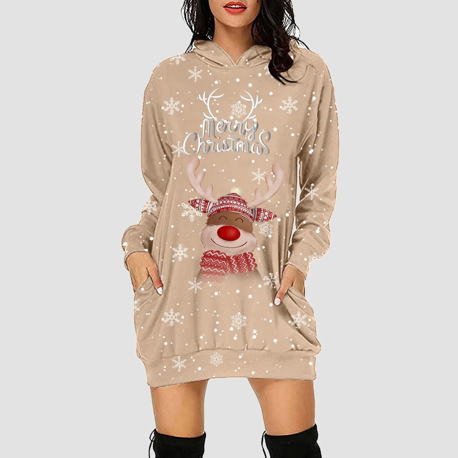 Рождественское платье-толстовка с капюшоном для девочек снежинки голова оленя