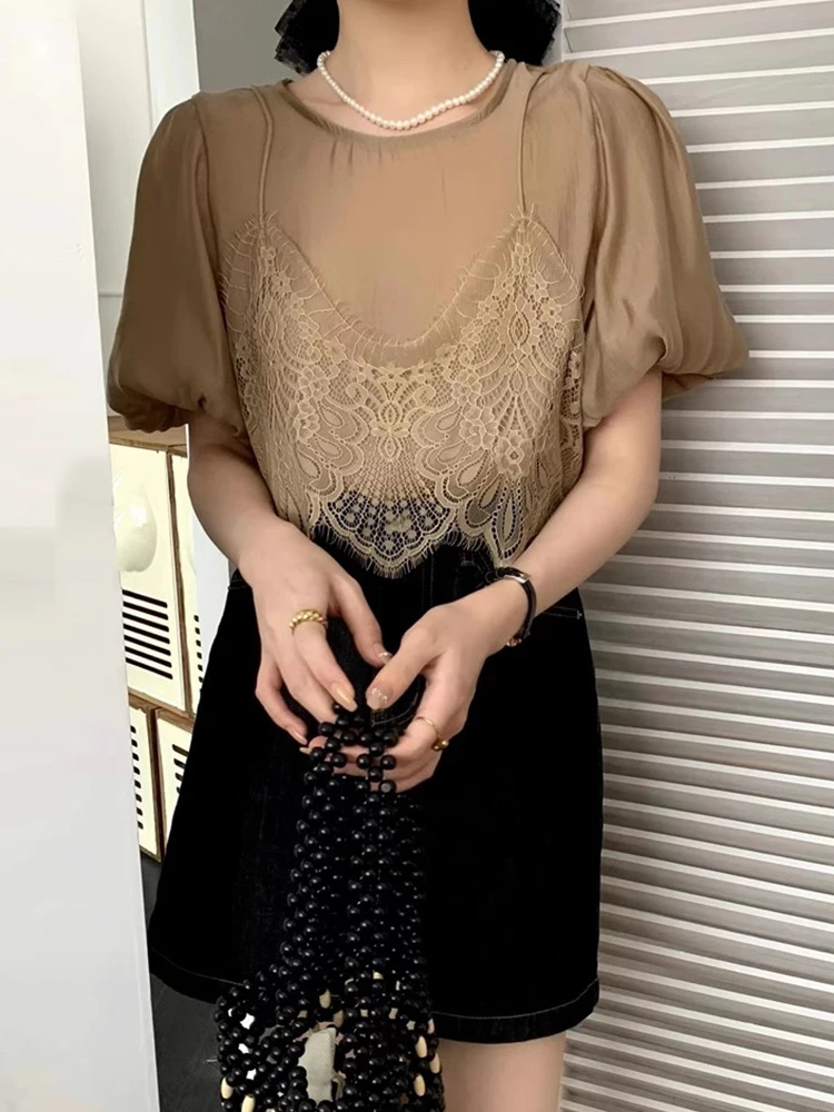 Корейская шикарная летняя имитация двух частей Лоскутная кружевная подтяжка