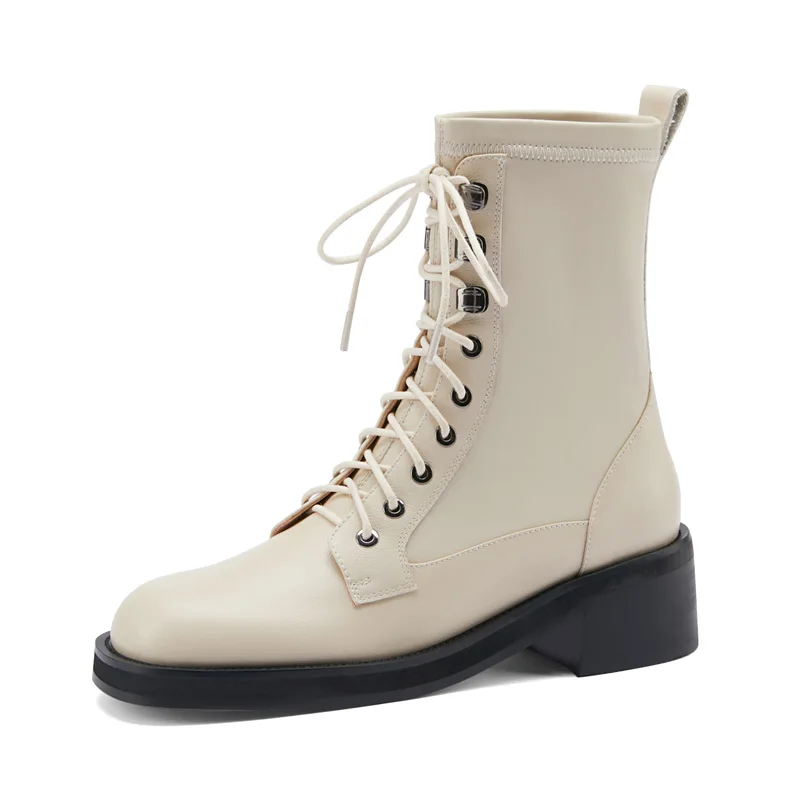 

Women Cross Strap Ankle Boots SmallHut New 2022 Autumn Winter Black High Thick Heels Roman Lady Genuine Leather Round Toe Shoes