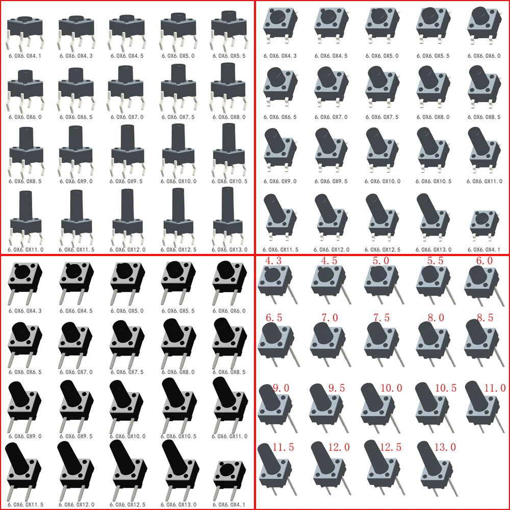 

1000 шт. 6x6x4,3/4,5/5/5.5/6/6.5/7/7.5/8/8.5/9/9.5/10/10.5/11/11.5/12/12. Тактильный кнопочный переключатель 5/13 мм DIP SMT 4Pin 2Pin