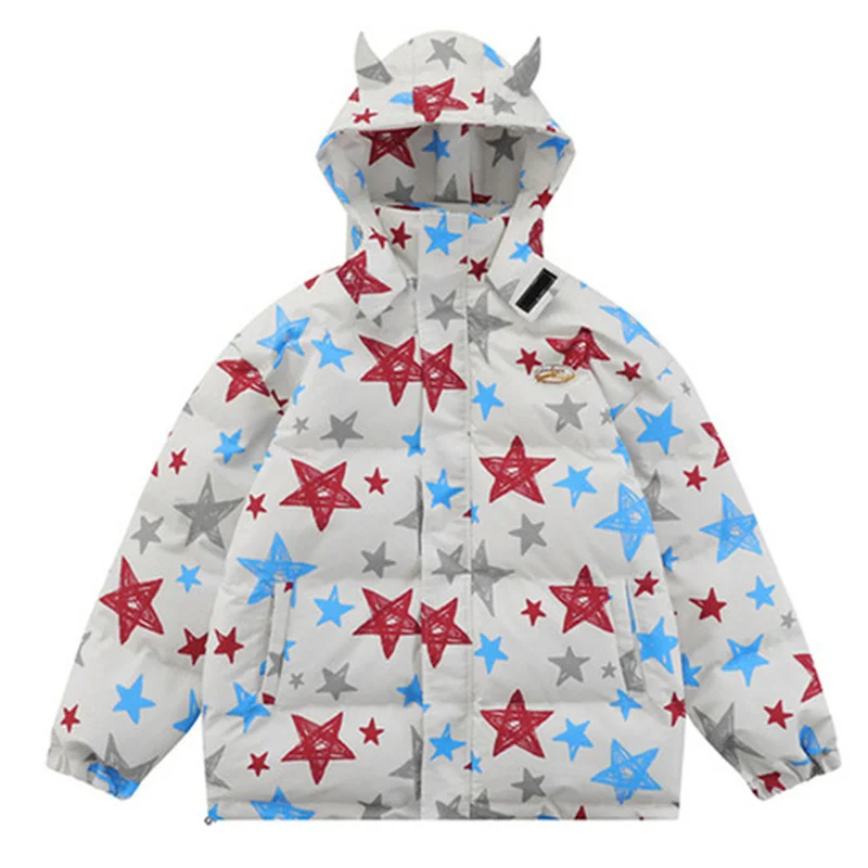 

2022 Winter Thermal Parka Coat Graffiti Star Printed Devil Horns Thick Hooded Padded Jacket Men Harajuku Loose Heavy Jackets