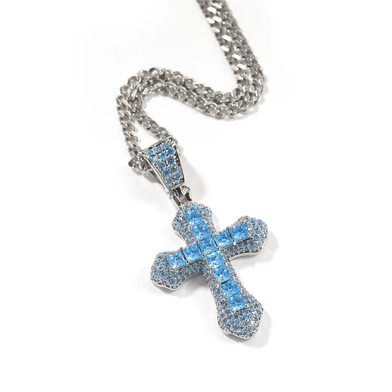 Sky Blue Cross Pendant Necklace 3 Colors Hip Hop Iced Out CZ Stone For Women Men Jewelry Gifts