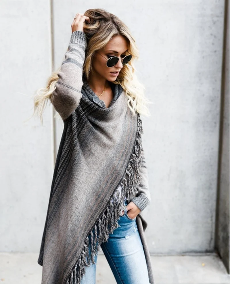 Женский свободный кардиган в полоску с длинным рукавом и воротником-шарфом