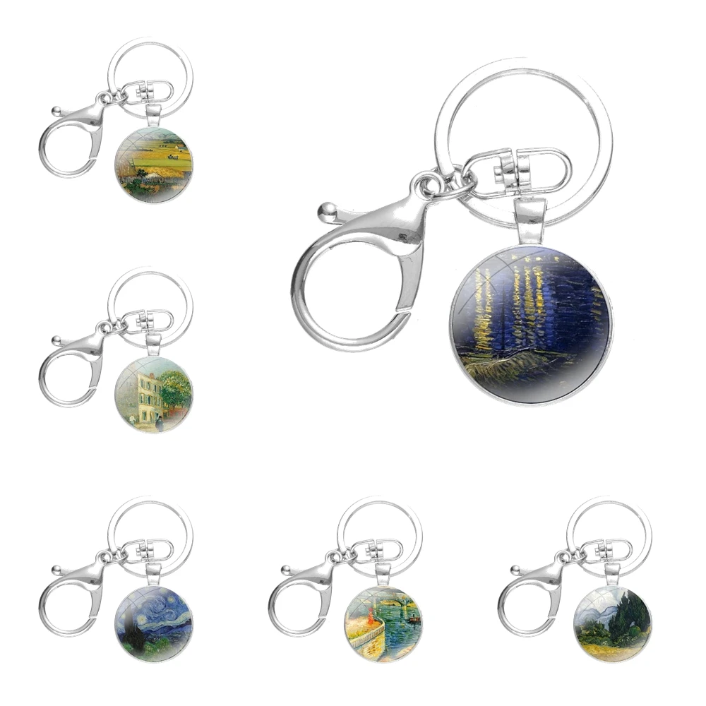 

Брелок для ключей с изображением звездной ночи, стеклянный брелок ручной работы с кабошоном, модный креативный мультяшный дизайн