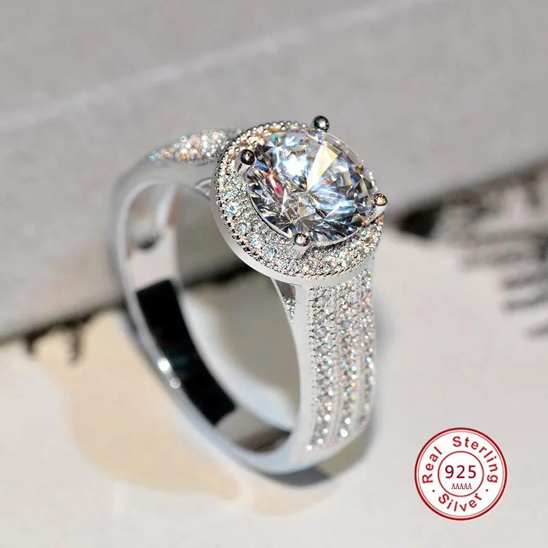 

S925 Silver Color Forever Clear Big Pave Circle Round Finger Rings for Women Anniversary Jewelry Mother's Day Gift