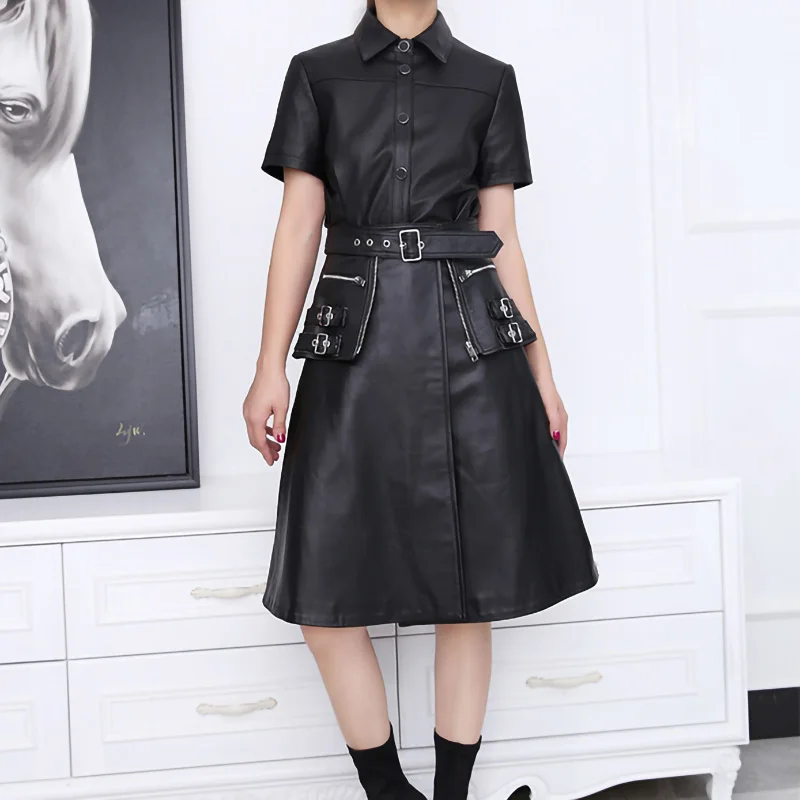 2022 Leather Vest Jacket Lady Short Sleeve Real Sheepskin Shirt Blazer Belt Single-Breasted Motorcycle Jacket Solid Gilet TF3917