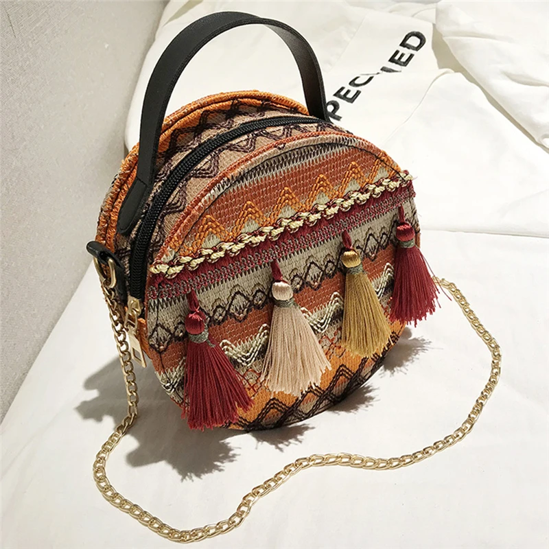 

NEW Women Messenger Bag PU Leather Bohemian Circular Tassel Geometric Plaid Handbag Cell Phone Pocket Female Messenger Bag